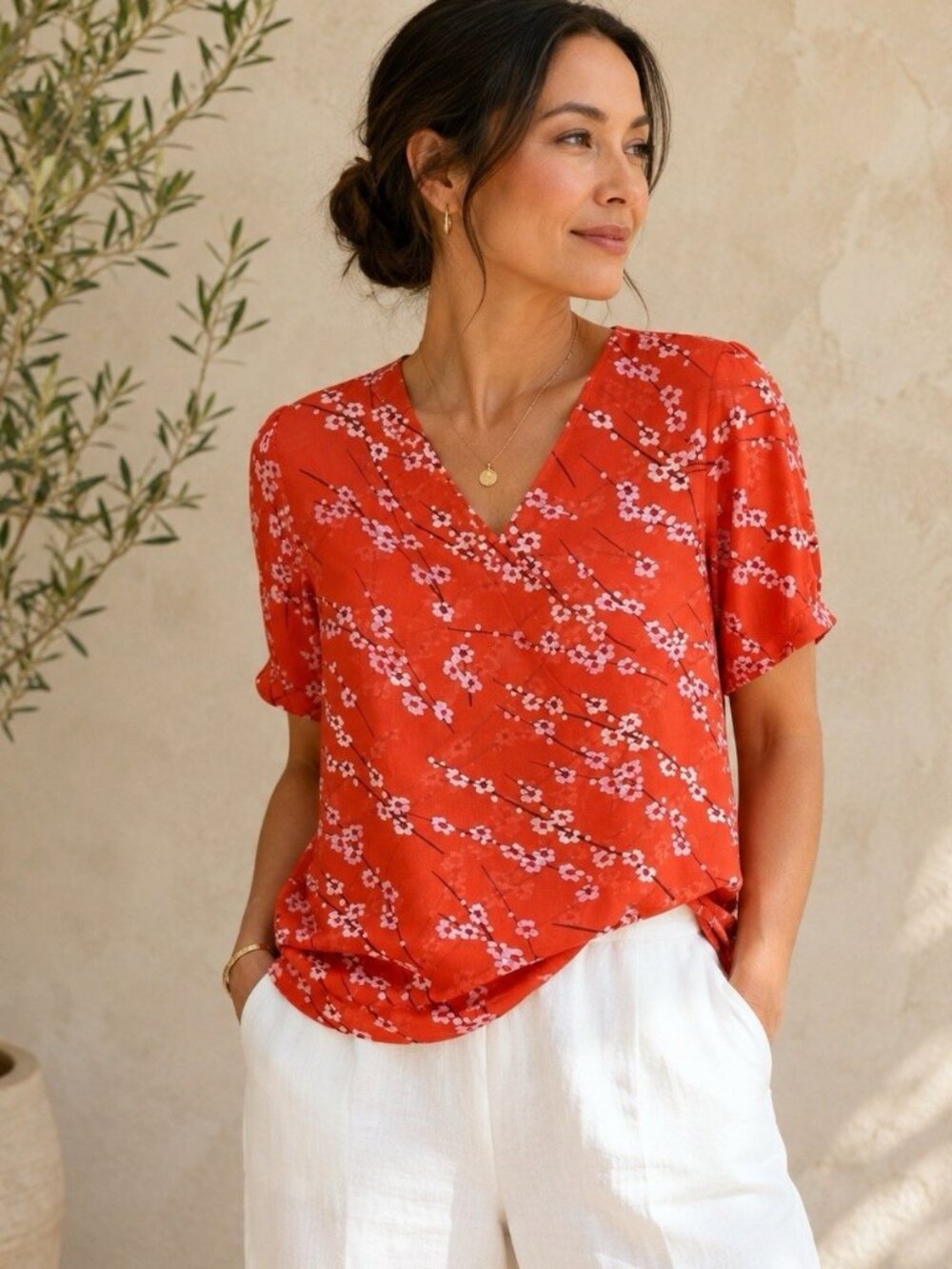 CAbi Blouse Japanese Cherry Blossom Print Floral Chiffon Orange Red Flowy Top